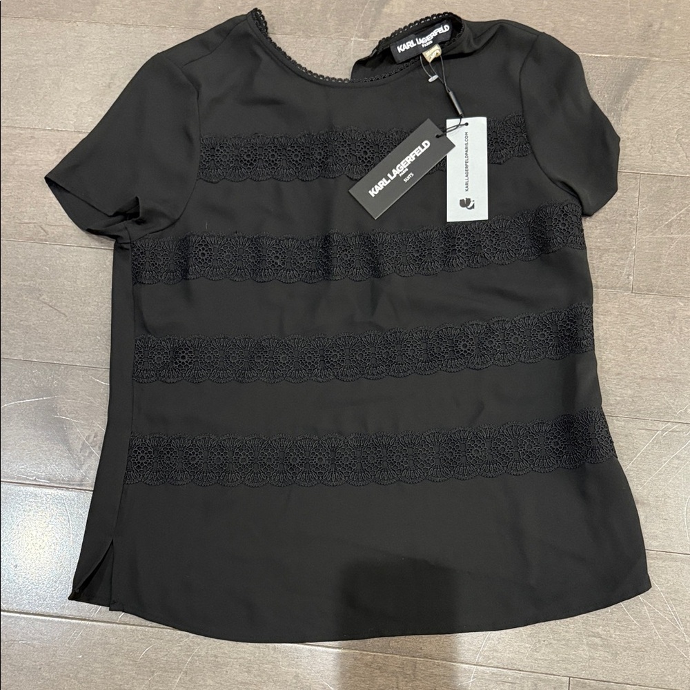 NWT Karl Lagerfeld Black Short Sleeve Top with Lace Stripes